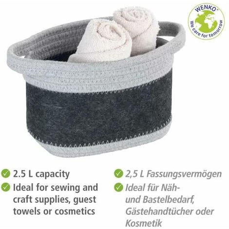 WENKO Corbeille En Feutre Bea S, Deux Anses Blanches, Fabriquée à Base De Feutre En Polyester Recyclé, Gris Foncé, Design Tissage Gris Clair, 80 % Polyester / 20 % Coton, 2,5 Litres, 18 X 13 X 12 Cm 5 WENKO Corbeille En Feutre Bea S, Deux Anses Blanches, Fabriquée à Base De Feutre En Polyester Recyclé, Gris Foncé, Design Tissage Gris Clair, 80 % Polyester / 20 % Coton, 2,5 Litres, 18 X 13 X 12 Cm – Image 3