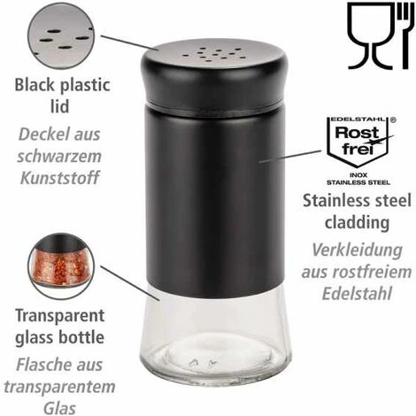 WENKO Saupoudreuse à épices En Verre Boga, Accessoire Pour Grill Avec Saupoudreuse Black Outdoor Kitchen, Contenance 0,14 L Pour Condiments, Pot En Verre Avec Couvercle Plastique Noir, Ø 5 X 11,5 Cm 4 WENKO Saupoudreuse à épices En Verre Boga, Accessoire Pour Grill Avec Saupoudreuse Black Outdoor Kitchen, Contenance 0,14 L Pour Condiments, Pot En Verre Avec Couvercle Plastique Noir, Ø 5 X 11,5 Cm – Image 2