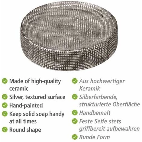 WENKO Porte Savon Céramique, Porte Savon Rond Rivara, Céramique à Relief Peint à La Main, Ø 10 X 2,5 Cm, Argenté 4 WENKO Porte Savon Céramique, Porte Savon Rond Rivara, Céramique à Relief Peint à La Main, Ø 10 X 2,5 Cm, Argenté – Image 2