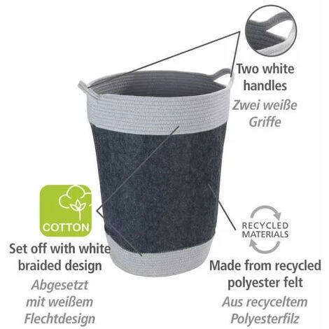 WENKO Panier à Linge En Feutre Bea 75L Gris, Corbeille à Linge Avec Deux Anses Blanches, Volume 75 L, Fabriqué à Base De Feutre En Polyester Recyclé Gris, Design Tissage Blanc, Ø 38 X 55 Cm 4 WENKO Panier à Linge En Feutre Bea 75L Gris, Corbeille à Linge Avec Deux Anses Blanches, Volume 75 L, Fabriqué à Base De Feutre En Polyester Recyclé Gris, Design Tissage Blanc, Ø 38 X 55 Cm – Image 2