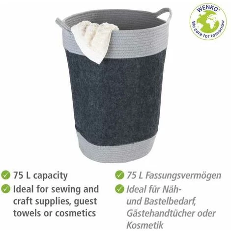WENKO Panier à Linge En Feutre Bea 75L Gris, Corbeille à Linge Avec Deux Anses Blanches, Volume 75 L, Fabriqué à Base De Feutre En Polyester Recyclé Gris, Design Tissage Blanc, Ø 38 X 55 Cm 5 WENKO Panier à Linge En Feutre Bea 75L Gris, Corbeille à Linge Avec Deux Anses Blanches, Volume 75 L, Fabriqué à Base De Feutre En Polyester Recyclé Gris, Design Tissage Blanc, Ø 38 X 55 Cm – Image 3