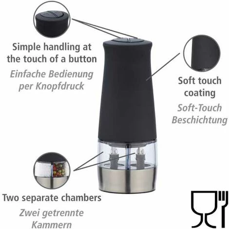WENKO Moulin à Sel & Poivre, Moulin à Condiments Black Outdoor Kitchen à 2 Compartiments Séparés Sel / Poivre, éclairage Led Et Mécanisme De Broyage, Utilisation Facile Par Pression, 7 X 17,5 X 6 Cm 4 WENKO Moulin à Sel & Poivre, Moulin à Condiments Black Outdoor Kitchen à 2 Compartiments Séparés Sel / Poivre, éclairage Led Et Mécanisme De Broyage, Utilisation Facile Par Pression, 7 X 17,5 X 6 Cm – Image 2
