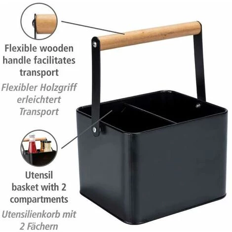 WENKO Corbeille à Ustensiles Baco, Accessoire Black Outdoor Kitchen, Panier De Transport Robuste, Métal Thermolaqué Noir, Poignées Flexibles En Bois, Pour Le Transport De Sauces, 18 X 25,5 X 15 Cm 4 WENKO Corbeille à Ustensiles Baco, Accessoire Black Outdoor Kitchen, Panier De Transport Robuste, Métal Thermolaqué Noir, Poignées Flexibles En Bois, Pour Le Transport De Sauces, 18 X 25,5 X 15 Cm – Image 2