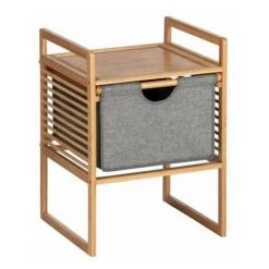 WENKO Table D'appoint Bois Bahari, Bout De Canapé Bois Avec Tiroir De Rangement En Tissu, Bois Bambou, 40x56x40 Cm, Marron - Gris