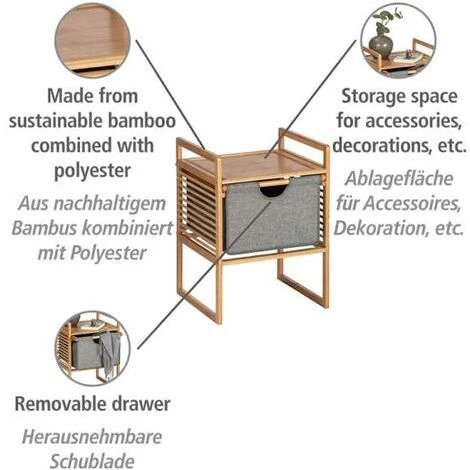 WENKO Table D'appoint Bois Bahari, Bout De Canapé Bois Avec Tiroir De Rangement En Tissu, Bois Bambou, 40x56x40 Cm, Marron - Gris 4 WENKO Table D'appoint Bois Bahari, Bout De Canapé Bois Avec Tiroir De Rangement En Tissu, Bois Bambou, 40x56x40 Cm, Marron - Gris – Image 2