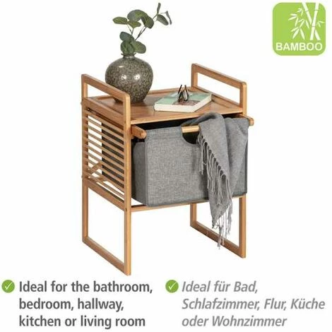 WENKO Table D'appoint Bois Bahari, Bout De Canapé Bois Avec Tiroir De Rangement En Tissu, Bois Bambou, 40x56x40 Cm, Marron - Gris 5 WENKO Table D'appoint Bois Bahari, Bout De Canapé Bois Avec Tiroir De Rangement En Tissu, Bois Bambou, 40x56x40 Cm, Marron - Gris – Image 3