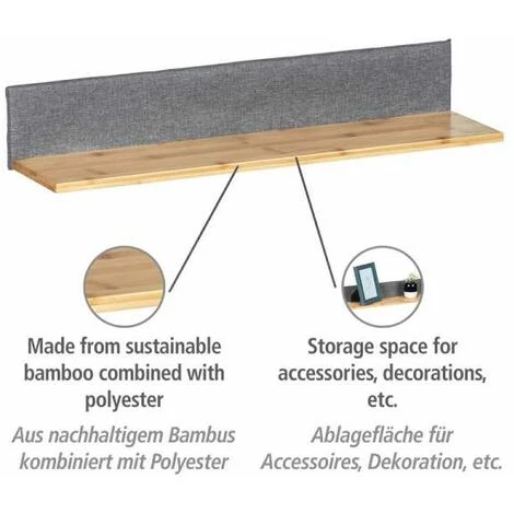 WENKO Etagère Murale Bois Bahari, étagère Murale Style Scandinave Pour La Bibliothèque, Le Salon, La Chambre, Bambou - Polyester, 60x10x15 Cm, Marron - Gris 4 WENKO Etagère Murale Bois Bahari, étagère Murale Style Scandinave Pour La Bibliothèque, Le Salon, La Chambre, Bambou - Polyester, 60x10x15 Cm, Marron - Gris – Image 2