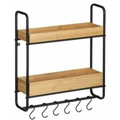 WENKO Etagère Murale Industrielle Loft, étagère Murale Bois Acier Noir, 2 Plateaux Avec Crochet De Suspension Cuisine, Bois - Métal, 48x52x15 Cm, Marron - Noir