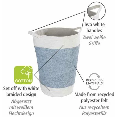 WENKO Panier à Linge En Feutre Bea, Corbeille à Linge Avec Deux Anses Blanches, Volume 75 L, Fabriqué à Base De Feutre En Polyester Recyclé Gris Clair, Design Tissage Blanc, Ø 38 X 55 Cm 4 WENKO Panier à Linge En Feutre Bea, Corbeille à Linge Avec Deux Anses Blanches, Volume 75 L, Fabriqué à Base De Feutre En Polyester Recyclé Gris Clair, Design Tissage Blanc, Ø 38 X 55 Cm – Image 2