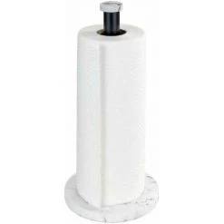 WENKO Porte-rouleau Pour Papier Cuisine Marbre, Support Sur Pied Au Visuel élégant Marbré Pour La Cuisine, Fond En Plastique Et Tige Métallique Noire, (l/p X H) : Ø 15 X 32 Cm, Blanc