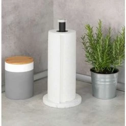 WENKO Porte-rouleau Pour Papier Cuisine Marbre, Support Sur Pied Au Visuel élégant Marbré Pour La Cuisine, Fond En Plastique Et Tige Métallique Noire, (l/p X H) : Ø 15 X 32 Cm, Blanc -WENKO Soldes 55427627 5