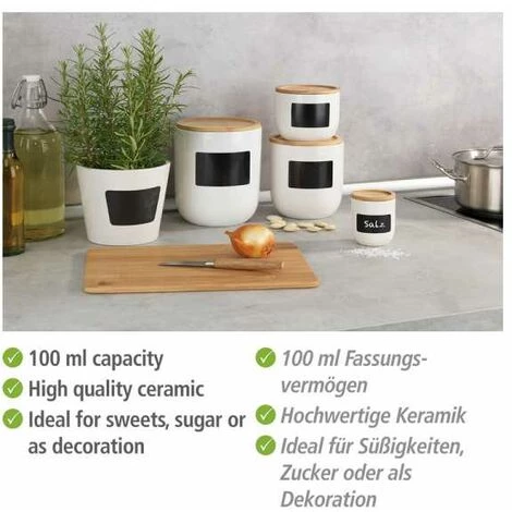 WENKO Pot à Condiments Waia, En Céramique Avec Couvercle En Bambou Et Joint Silicone Pour Conserver Hermétiquement, étiquetage Individuel, Contenance 100 Ml, (l/t X H) : ∅ 6 X 9 Cm, Blanc 5 WENKO Pot à Condiments Waia, En Céramique Avec Couvercle En Bambou Et Joint Silicone Pour Conserver Hermétiquement, étiquetage Individuel, Contenance 100 Ml, (l/t X H) : ∅ 6 X 9 Cm, Blanc – Image 3