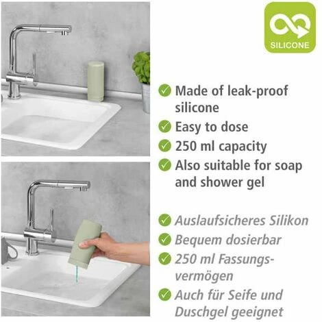 WENKO Distributeur De Liquide Vaisselle Easy Squeez-e Pour La Cuisine Vert, Haut De Gamme, Dosage Facile, Distributeur De Savon En Silicone Anti-fuite, Contenance 250 ml, Ø 6 X 14 Cm, Vert Tilleul 5 WENKO Distributeur De Liquide Vaisselle Easy Squeez-e Pour La Cuisine Vert, Haut De Gamme, Dosage Facile, Distributeur De Savon En Silicone Anti-fuite, Contenance 250 ml, Ø 6 X 14 Cm, Vert Tilleul – Image 3