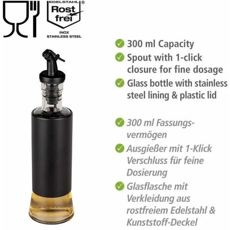 WENKO Distributeur Huile & Vinaigre Boga, 300 Ml, Bec Avec Fermeture à 1 Pression, Dosage Précis, Bouteille En Verre, Habillage Acier Inoxydable & Bouchon Plastique, Ø 6 X 25 Cm, Transparent/noir 4 WENKO Distributeur Huile & Vinaigre Boga, 300 Ml, Bec Avec Fermeture à 1 Pression, Dosage Précis, Bouteille En Verre, Habillage Acier Inoxydable & Bouchon Plastique, Ø 6 X 25 Cm, Transparent/noir – Image 2
