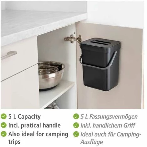 WENKO Collecteur De Déchets à Poignée Tago, Poubelle D'un Volume De 5 Litres, Compacte Avec Fixation Sans Perçage, Possibilité De Fixation Static-Loc® Par-dessus Une Porte, 21 X 24,5 X 17 Cm, Noir 7 WENKO Collecteur De Déchets à Poignée Tago, Poubelle D'un Volume De 5 Litres, Compacte Avec Fixation Sans Perçage, Possibilité De Fixation Static-Loc® Par-dessus Une Porte, 21 X 24,5 X 17 Cm, Noir – Image 5