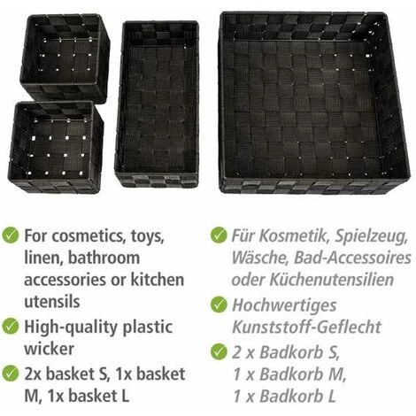 WENKO Corbeille De Bain Adria Noire, Kit De 4, Décorative Pour Le Rangement Et L'organisation Aux Dimensions S, M & L Pour Cuisine, Salle De Bain Et Maison, Organiseur En Polypropylène Robuste 5 WENKO Corbeille De Bain Adria Noire, Kit De 4, Décorative Pour Le Rangement Et L'organisation Aux Dimensions S, M & L Pour Cuisine, Salle De Bain Et Maison, Organiseur En Polypropylène Robuste – Image 3