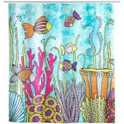 WENKO Rideau De Douche Rollin'Art Ocean Life, Rideau De Baignoire Textile Hydrofuge 100 % Polyester à Motif Vie Sous-marine & Bande De Lest, Lavable à 30°C, 12 Anneaux Inclus, 180 X 200 Cm