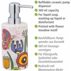WENKO Distributeur De Savon Rollin'Art Full Bloom, Distributeur à Pompe Rechargeable En Céramique De 360 Ml Pour Savon, Liquide Vaisselle Ou Désinfectant Avec Motif Champ De Fleurs, 8,5 X 18 X 7 Cm -WENKO Soldes 55471294 2