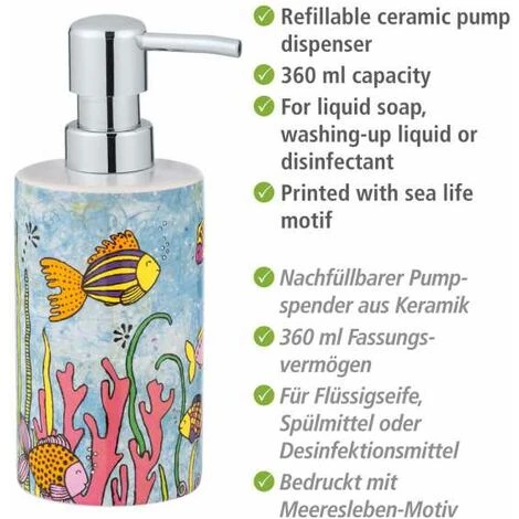 WENKO Distributeur De Savon Rollin'Art Ocean Life, Distributeur à Pompe Rechargeable En Céramique De 360 Ml Pour Savon, Liquide Vaisselle Ou Désinfectant Avec Motif Monde Sous-marin, 8,5 X 18 X 7 Cm 4 WENKO Distributeur De Savon Rollin'Art Ocean Life, Distributeur à Pompe Rechargeable En Céramique De 360 Ml Pour Savon, Liquide Vaisselle Ou Désinfectant Avec Motif Monde Sous-marin, 8,5 X 18 X 7 Cm – Image 2