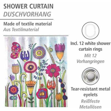 WENKO Rideau De Douche Rollin'Art Full Bloom, Rideau De Baignoire Textile Hydrofuge 100 % Polyester à Motif Prairie Fleurie & Bande De Lest, Lavable à 30°C, 12 Anneaux Inclus, 180 X 200 Cm 4 WENKO Rideau De Douche Rollin'Art Full Bloom, Rideau De Baignoire Textile Hydrofuge 100 % Polyester à Motif Prairie Fleurie & Bande De Lest, Lavable à 30°C, 12 Anneaux Inclus, 180 X 200 Cm – Image 2