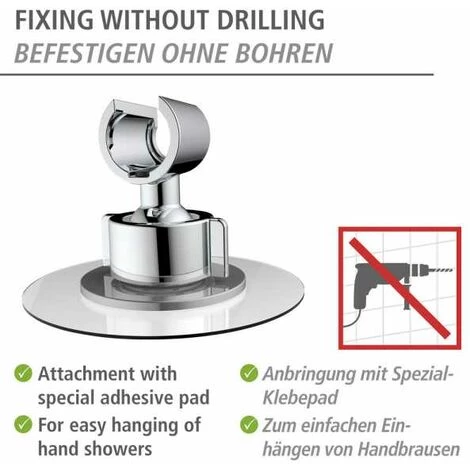 WENKO Support De Pomme De Douche 360°, Support De Douchette En Plastique à Fixer Sans Percer Sur Surface Lisse Avec Tampon Adhésif, Pomme De Douche Réglable à 360°, (L/P X H) : Ø 8 X 7,5 Cm, Chrome 4 WENKO Support De Pomme De Douche 360°, Support De Douchette En Plastique à Fixer Sans Percer Sur Surface Lisse Avec Tampon Adhésif, Pomme De Douche Réglable à 360°, (L/P X H) : Ø 8 X 7,5 Cm, Chrome – Image 2