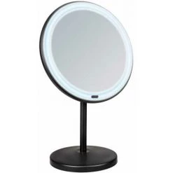 WENKO Miroir De Maquillage à LED Sur Pied Onno, éclairage LED Variable, Grossissement 5x, Allumage/extinction Tactile, Fonctionne Sur Piles Ou Par Câble USB, 20x34x13,5 Cm, Noir