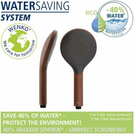 WENKO Pomme De Douche Watersaving Wood, Douchette à économie D'eau, Aspect Bois élégant En Plastique, économie D'eau Et Confort Total Avec 3 Types De Jets, Raccord Universel ½", Ø 12 Cm, Marron/noir 4 WENKO Pomme De Douche Watersaving Wood, Douchette à économie D'eau, Aspect Bois élégant En Plastique, économie D'eau Et Confort Total Avec 3 Types De Jets, Raccord Universel ½", Ø 12 Cm, Marron/noir – Image 2