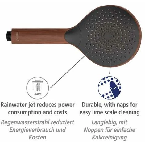 WENKO Pomme De Douche Watersaving Wood, Douchette à économie D'eau, Aspect Bois élégant En Plastique, économie D'eau Et Confort Total Avec 3 Types De Jets, Raccord Universel ½", Ø 12 Cm, Marron/noir 5 WENKO Pomme De Douche Watersaving Wood, Douchette à économie D'eau, Aspect Bois élégant En Plastique, économie D'eau Et Confort Total Avec 3 Types De Jets, Raccord Universel ½", Ø 12 Cm, Marron/noir – Image 3