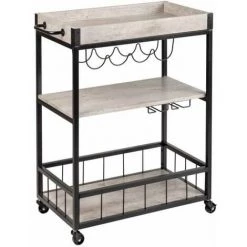 WENKO Desserte Sur Roulettes Rustico Beton, 3 Niveaux, Chariot De Service WENKO, îlot De Cuisine Avec Support Pour Verres à Pied & Bouteilles, 80 X 89,5 X 40 cm, En Métal Vernis Et MDF, Beton/noir