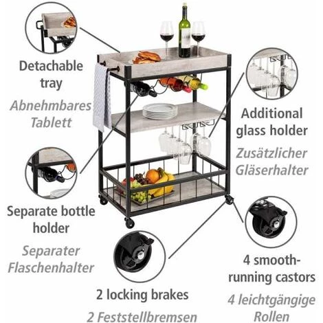 WENKO Desserte Sur Roulettes Rustico Beton, 3 Niveaux, Chariot De Service WENKO, îlot De Cuisine Avec Support Pour Verres à Pied & Bouteilles, 80 X 89,5 X 40 cm, En Métal Vernis Et MDF, Beton/noir 4 WENKO Desserte Sur Roulettes Rustico Beton, 3 Niveaux, Chariot De Service WENKO, îlot De Cuisine Avec Support Pour Verres à Pied & Bouteilles, 80 X 89,5 X 40 cm, En Métal Vernis Et MDF, Beton/noir – Image 2