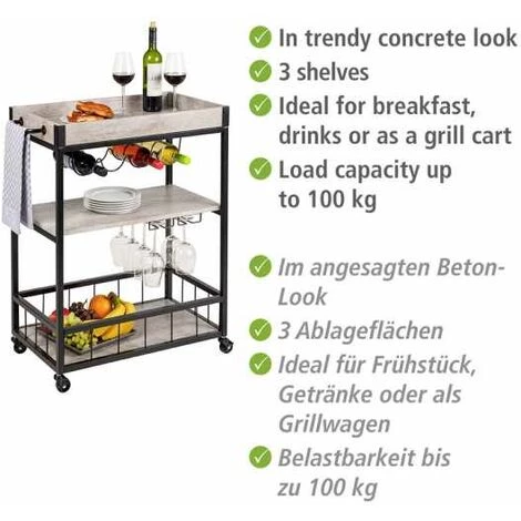 WENKO Desserte Sur Roulettes Rustico Beton, 3 Niveaux, Chariot De Service WENKO, îlot De Cuisine Avec Support Pour Verres à Pied & Bouteilles, 80 X 89,5 X 40 cm, En Métal Vernis Et MDF, Beton/noir 5 WENKO Desserte Sur Roulettes Rustico Beton, 3 Niveaux, Chariot De Service WENKO, îlot De Cuisine Avec Support Pour Verres à Pied & Bouteilles, 80 X 89,5 X 40 cm, En Métal Vernis Et MDF, Beton/noir – Image 3