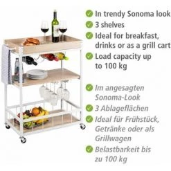 WENKO Desserte Sur Roulettes Rustico, 3 Niveaux, Chariot De Service WENKO, îlot De Cuisine Avec Support Pour Verres à Pied & Bouteilles, 80 X 89,5 X 40 cm, En Métal Vernis Et MDF, Sonoma/blanc. -WENKO Soldes 55502892 3