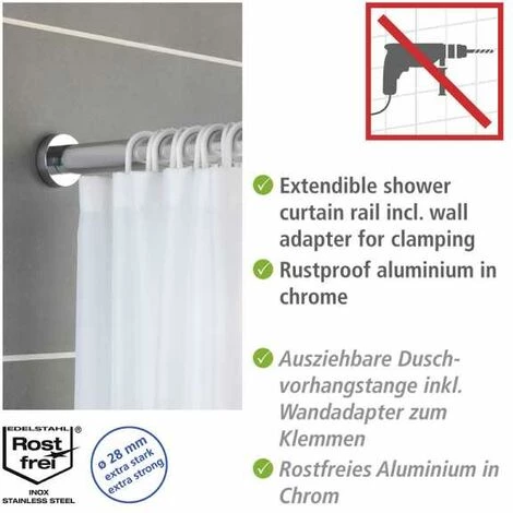 WENKO Barre De Douche Extensible Luz Brillant, Tringle Rideau De Douche Télescopique Avec Adaptateur Mural, Fixation Sans Perçage Par Torsion, Aluminium Inoxydable - Plastique, Ø0,28x70-115 Cm 5 WENKO Barre De Douche Extensible Luz Brillant, Tringle Rideau De Douche Télescopique Avec Adaptateur Mural, Fixation Sans Perçage Par Torsion, Aluminium Inoxydable - Plastique, Ø0,28x70-115 Cm – Image 3