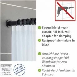 WENKO Barre De Douche Extensible Luz Noir, Tringle Rideau De Douche Télescopique Avec Adaptateur Mural, Fixation Sans Perçage Par Torsion, Aluminium Inoxydable - Plastique, Ø 28 Mm X 70 - 115 Cm, Noir -WENKO Soldes 55803992 3