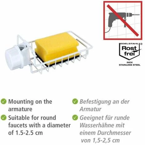 WENKO Porte Eponge Robinet, Porte éponge évier Cuisine à Fixer Au Robinet Du Lavabo Ou De L'évier, Métal - Plastique, 21x6,5x10 Cm, Blanc 4 WENKO Porte Eponge Robinet, Porte éponge évier Cuisine à Fixer Au Robinet Du Lavabo Ou De L'évier, Métal - Plastique, 21x6,5x10 Cm, Blanc – Image 2