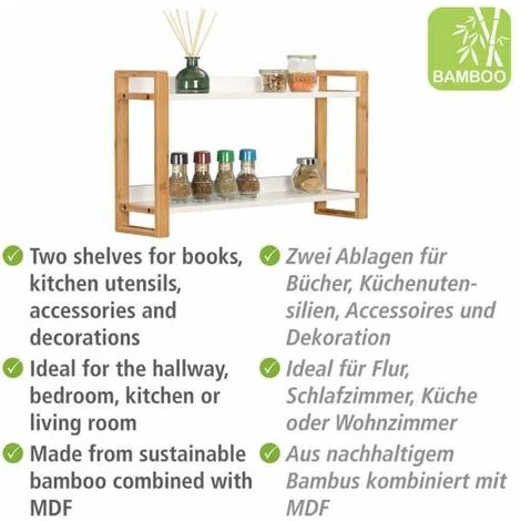 WENKO Etagère Murale 2 Plateaux Finja, étagère Murale Bois Bambou Et MDF, 62,5x35x15 Cm, Blanc - Marron 4 WENKO Etagère Murale 2 Plateaux Finja, étagère Murale Bois Bambou Et MDF, 62,5x35x15 Cm, Blanc - Marron – Image 2
