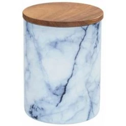 WENKO Boîte De Conservation Mio, Boîte à Provisions En Verre Borosilicate à L'aspect Marbré Bleu/blanc Avec Couvercle à Fermeture Hermétique En Bois D'acacia Brun Certifié FSC®, 1 L, Ø 11 X 14,5 Cm