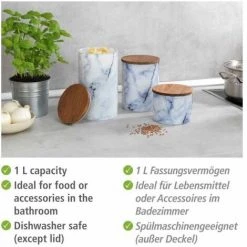 WENKO Boîte De Conservation Mio, Boîte à Provisions En Verre Borosilicate à L'aspect Marbré Bleu/blanc Avec Couvercle à Fermeture Hermétique En Bois D'acacia Brun Certifié FSC®, 1 L, Ø 11 X 14,5 Cm -WENKO Soldes 57933975 3