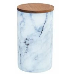 WENKO Boîte De Conservation Mio, Boîte à Provisions En Verre Borosilicate à L'aspect Marbré Bleu/blanc Avec Couvercle à Fermeture Hermétique En Bois D'acacia Brun Certifié FSC®, 1,4 L, Ø 11 X 19 Cm