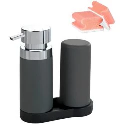 WENKO Distributeur De Savon Liquide, Distributeur Liquide Vaisselle, "Easy Squeez-e" Gris, Lot De 2 éponges Offertes