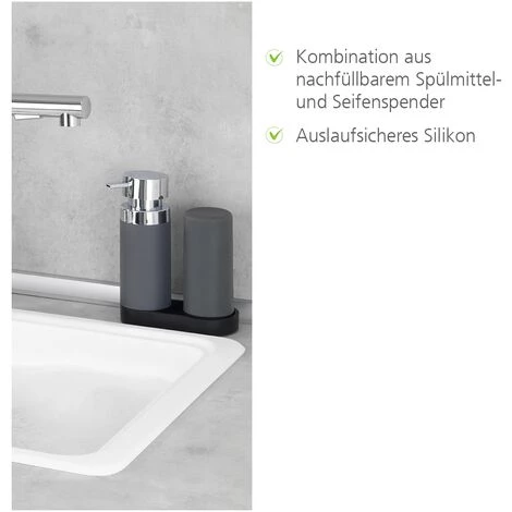 WENKO Distributeur De Savon Liquide, Distributeur Liquide Vaisselle, "Easy Squeez-e" Gris, Lot De 2 éponges Offertes 4 WENKO Distributeur De Savon Liquide, Distributeur Liquide Vaisselle, "Easy Squeez-e" Gris, Lot De 2 éponges Offertes – Image 2