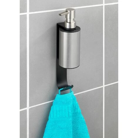 WENKO Porte Savon Liquide Mural Sans Perçage Avec Crochet Porte Serviette - Longueur 6.5 Hauteur 26 Profondeur 10 Cm - Gris 4 WENKO Porte Savon Liquide Mural Sans Perçage Avec Crochet Porte Serviette - Longueur 6.5 Hauteur 26 Profondeur 10 Cm - Gris – Image 2