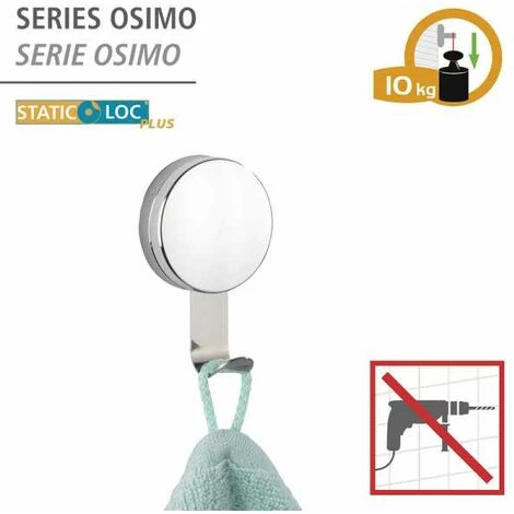 WENKO Crochet Mural Porte Serviette Osimo, Crochet Porte Manteau Mural Fixation Sans Perçage "Static Loc Plus", Lot De 2, Acier - Plastique, 6x10x3,5 Cm, Brillant 4 WENKO Crochet Mural Porte Serviette Osimo, Crochet Porte Manteau Mural Fixation Sans Perçage "Static Loc Plus", Lot De 2, Acier - Plastique, 6x10x3,5 Cm, Brillant – Image 2
