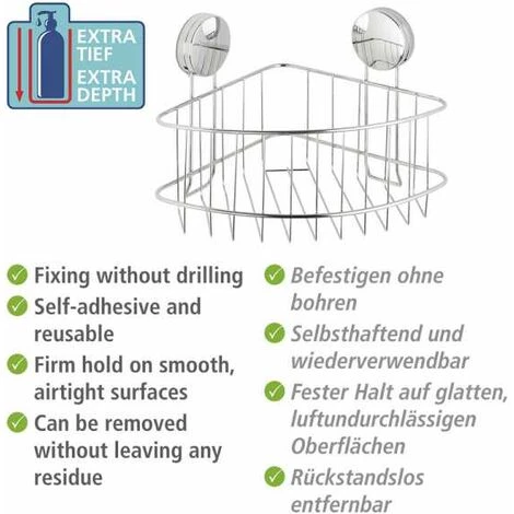WENKO Etagère D'angle Salle De Bain Osimo, Rangement Douche Angle Fixation Sans Perçage "Static Loc Plus", Acier, 26,5x18x19 Cm, Chromé 6 WENKO Etagère D'angle Salle De Bain Osimo, Rangement Douche Angle Fixation Sans Perçage "Static Loc Plus", Acier, 26,5x18x19 Cm, Chromé – Image 4