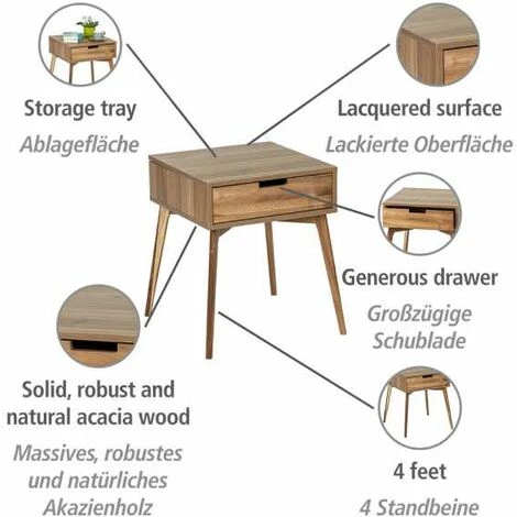 WENKO Table De Nuit Scandinave Acina, Petite Table D'appoint Avec Tiroir, Bois Acacia Certifié FSC, 50x55x50 Cm, Marron 4 WENKO Table De Nuit Scandinave Acina, Petite Table D'appoint Avec Tiroir, Bois Acacia Certifié FSC, 50x55x50 Cm, Marron – Image 2
