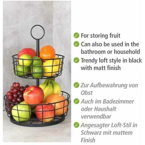 WENKO Corbeille à Fruit, Panier à Fruits à étages, Panière Decorative à Poser Sur Le Plan De Travail Ou à Suspendre, Style Industriel, Fer, Ø 28 X 39 Cm, Noir 5 WENKO Corbeille à Fruit, Panier à Fruits à étages, Panière Decorative à Poser Sur Le Plan De Travail Ou à Suspendre, Style Industriel, Fer, Ø 28 X 39 Cm, Noir – Image 3