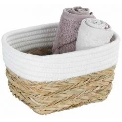 WENKO Panier De Rangement Rika S, Corbeille Décorative Pour Accessoires, En Fibres Naturelles Tressées, Ornée D'un Tissu En Coton, 80 % De Fibres Naturelles, 20 % De Coton, 15 X 20 X 13 Cm, Brun/blanc -WENKO Soldes 62408402 2