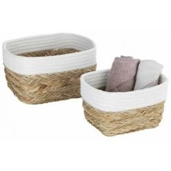 WENKO Panier De Rangement Rika S, Corbeille Décorative Pour Accessoires, En Fibres Naturelles Tressées, Ornée D'un Tissu En Coton, 80 % De Fibres Naturelles, 20 % De Coton, 15 X 20 X 13 Cm, Brun/blanc -WENKO Soldes 62408402 4