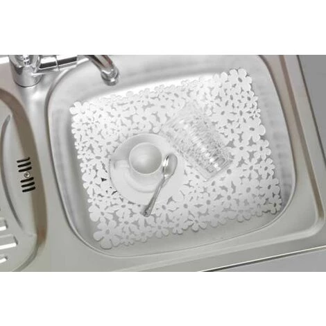 WENKO Fond D'évier Flower, Tapis D'évier De Protection Contre Les Rayures, Protection Vaisselle, Plastique, 31 X 26 Cm, Blanc - Blanc 4 WENKO Fond D'évier Flower, Tapis D'évier De Protection Contre Les Rayures, Protection Vaisselle, Plastique, 31 X 26 Cm, Blanc - Blanc – Image 2