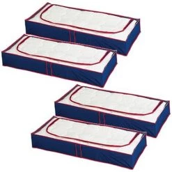 WENKO Boite Rangement Sous Lit, Rangement Sous Lit, Grande Capacité De Rangement, Ouverture Transparente Et Fermeture éclair, Deep Blue, Lot De 4, Plastique, 100x15x45 Cm, Bleu - Rouge - Bleu